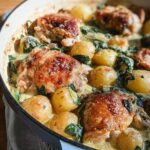 Close-up of Garlic Parmesan Chicken Thighs and Potatoes in a creamy sauce with spinach.