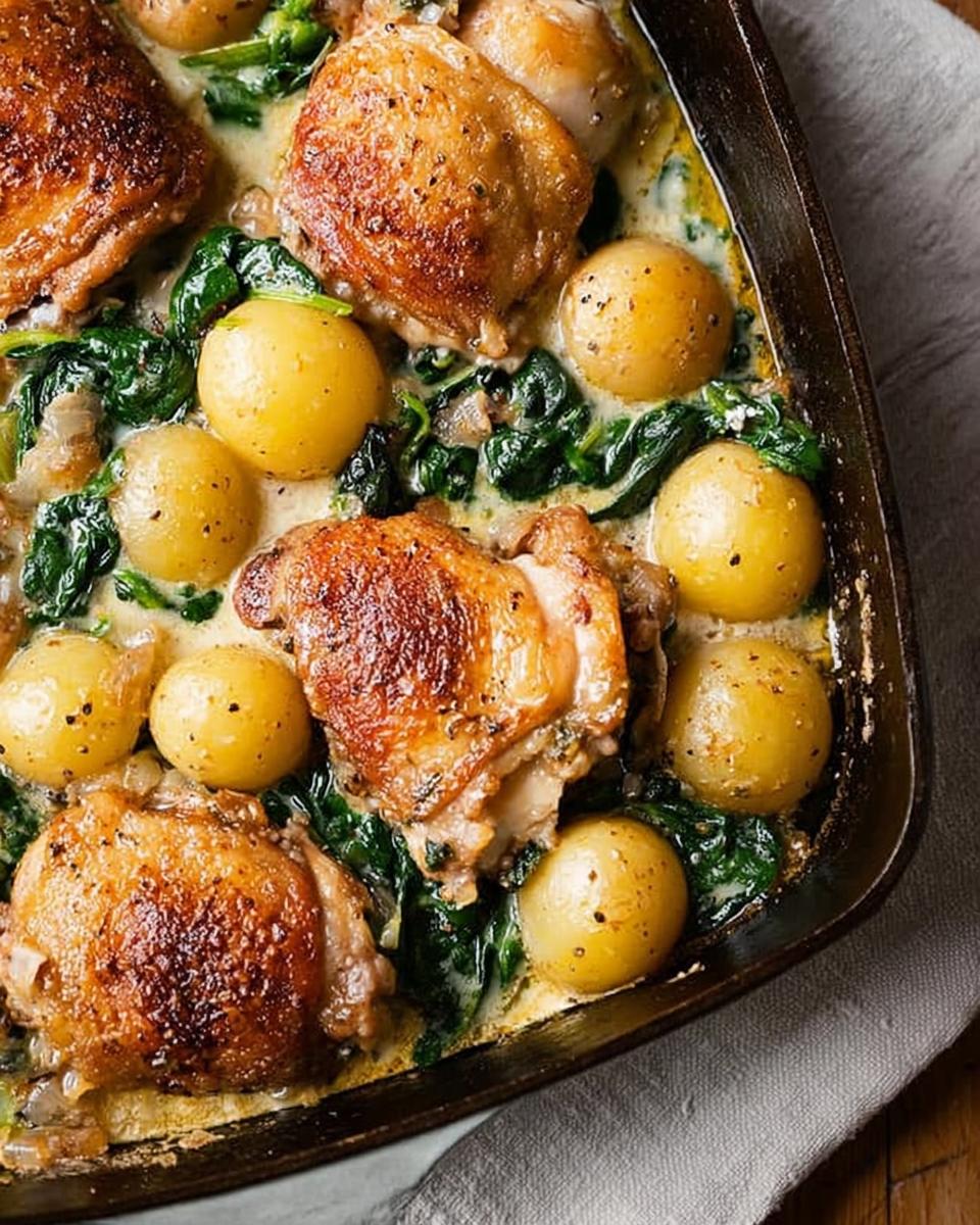 Close-up of golden-brown Garlic Parmesan Chicken Thighs and Potatoes baked in a creamy sauce with spinach.