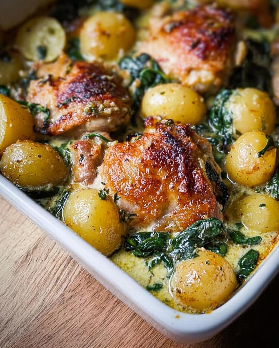 Close-up of golden brown Garlic Parmesan Chicken Thighs and Potatoes baked in a creamy sauce with spinach.