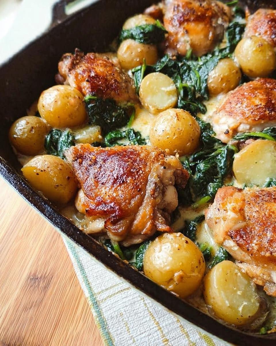A close-up of a cast-iron skillet filled with golden-brown Garlic Parmesan Chicken Thighs and Potatoes, nestled amongst wilted spinach.