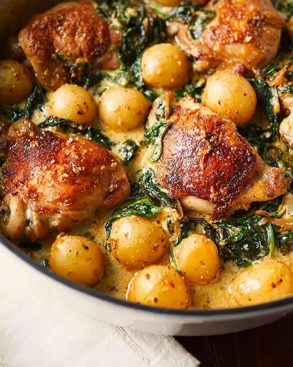 Close-up of Garlic Parmesan Chicken Thighs and Potatoes simmering in a creamy sauce with spinach.
