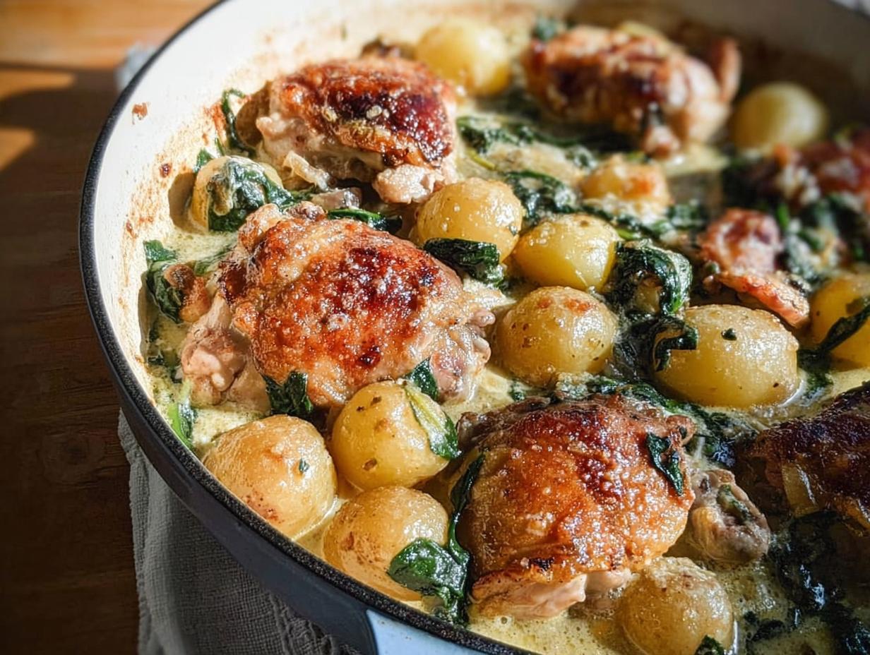 Close-up of Garlic Parmesan Chicken Thighs and Potatoes in a creamy sauce with spinach.