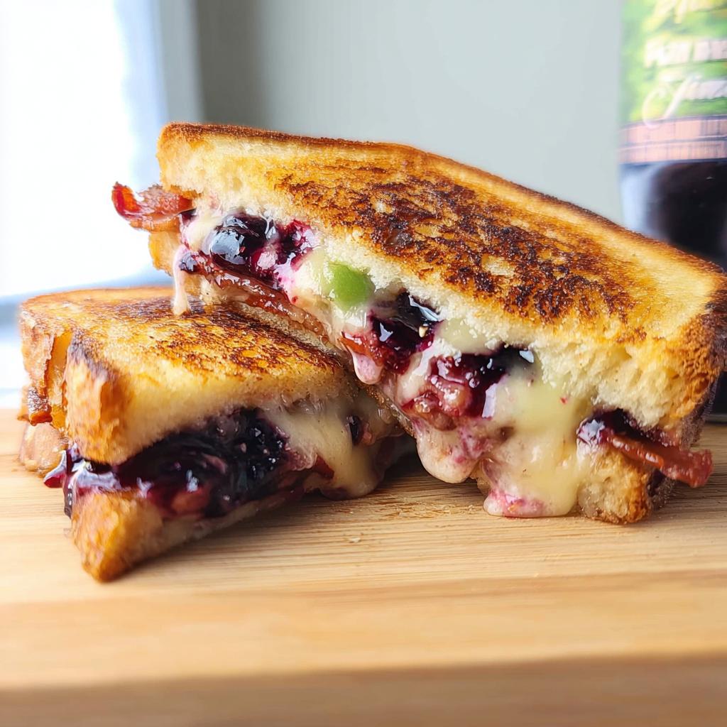 A gourmet blueberry grilled cheese sandwich, cut in half, showcasing melted cheese, blueberries, and bacon.