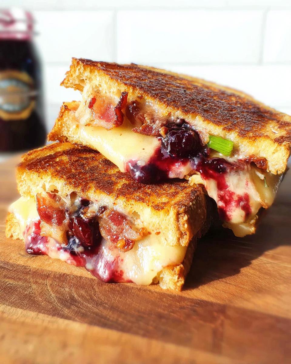 A gourmet blueberry grilled cheese sandwich, cut in half, revealing melted cheese, blueberries, and bacon.