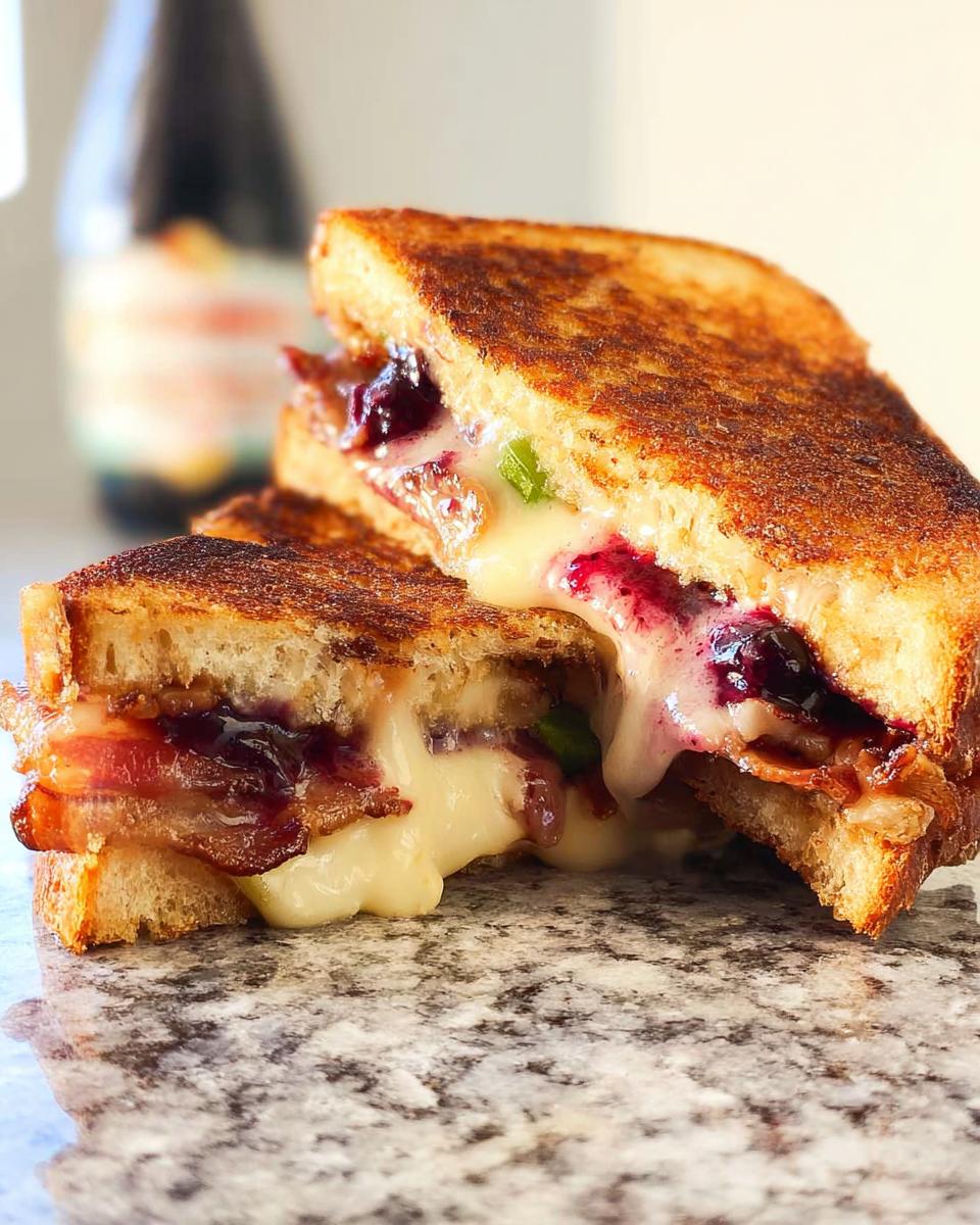 A gourmet blueberry grilled cheese sandwich, cut in half, showing melted cheese, bacon, and blueberries.