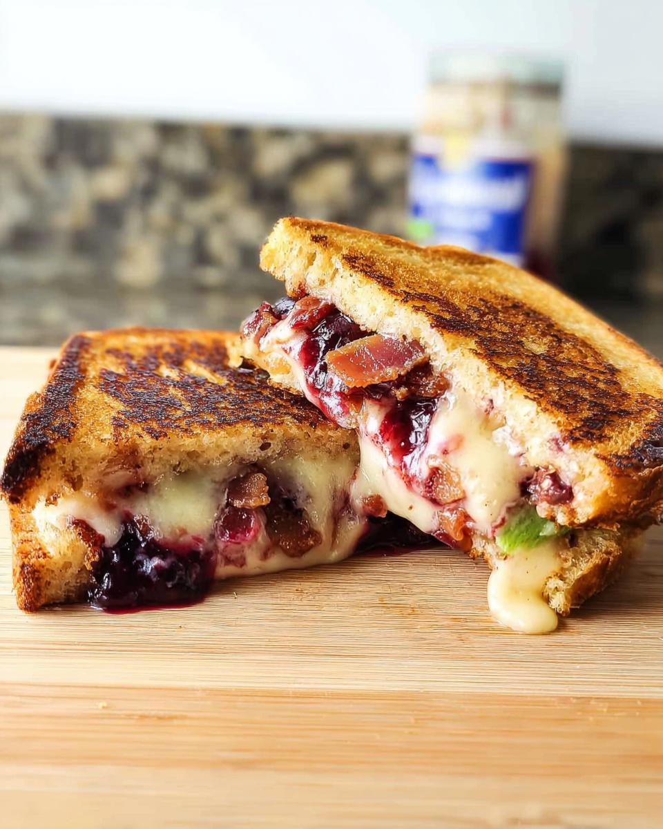 A gourmet blueberry grilled cheese sandwich cut in half, showing melted cheese, blueberries, and bacon.