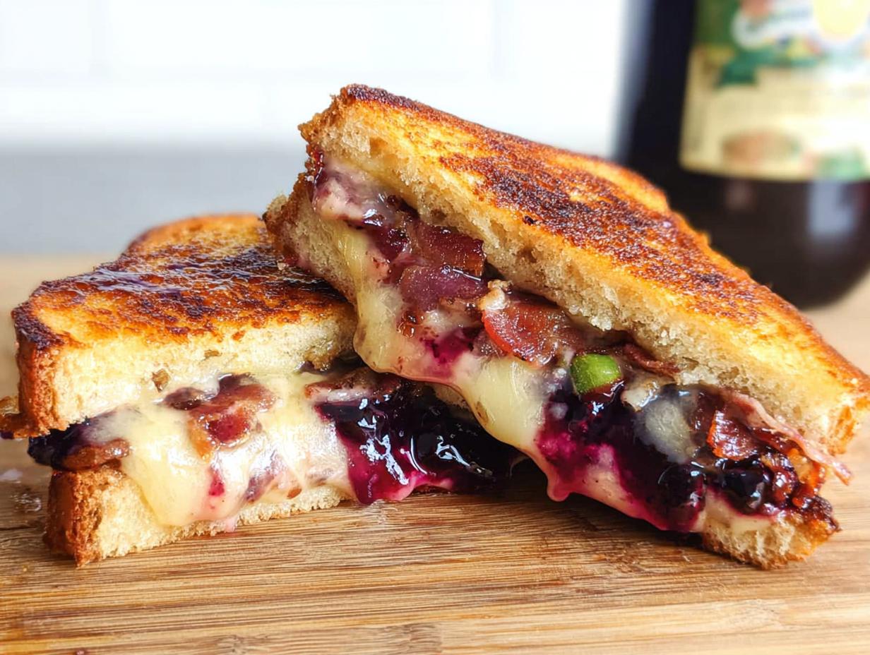 A gourmet blueberry grilled cheese sandwich, cut in half, showing melted cheese, blueberries, and bacon.