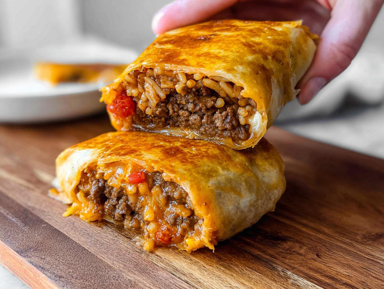 A close-up of a Grilled Cheese Burrito Made Easy, cut in half to reveal a hearty filling of seasoned ground beef and rice.