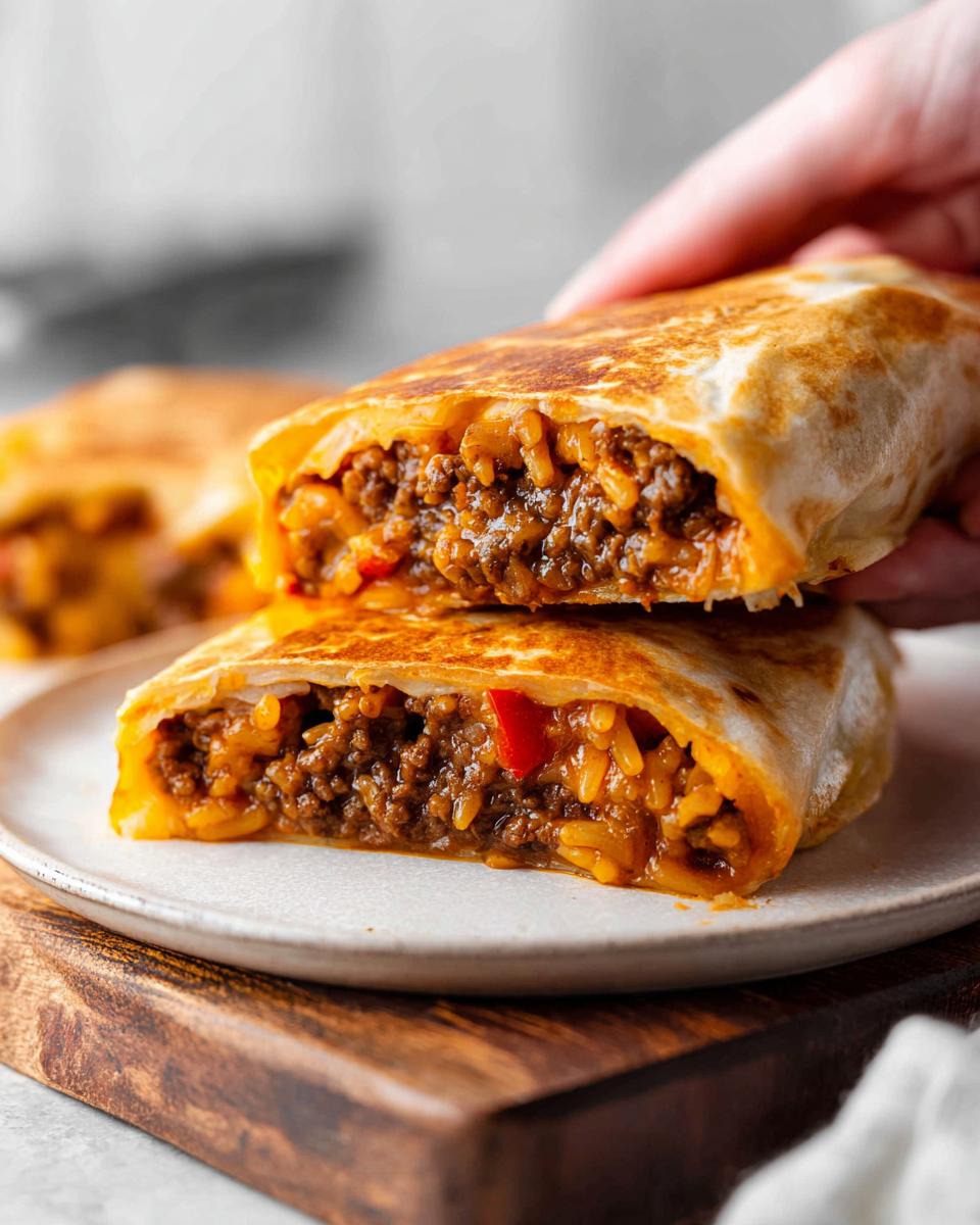 A close-up of a Grilled Cheese Burrito cut in half, revealing a savory filling of seasoned ground beef and rice.