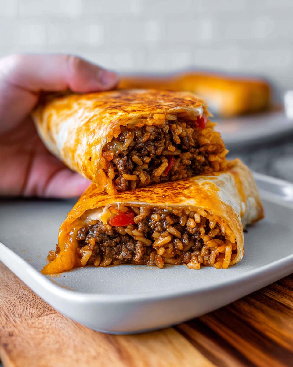 A hand holds a halved Grilled Cheese Burrito Made Easy, revealing a cheesy, beef and rice filling.
