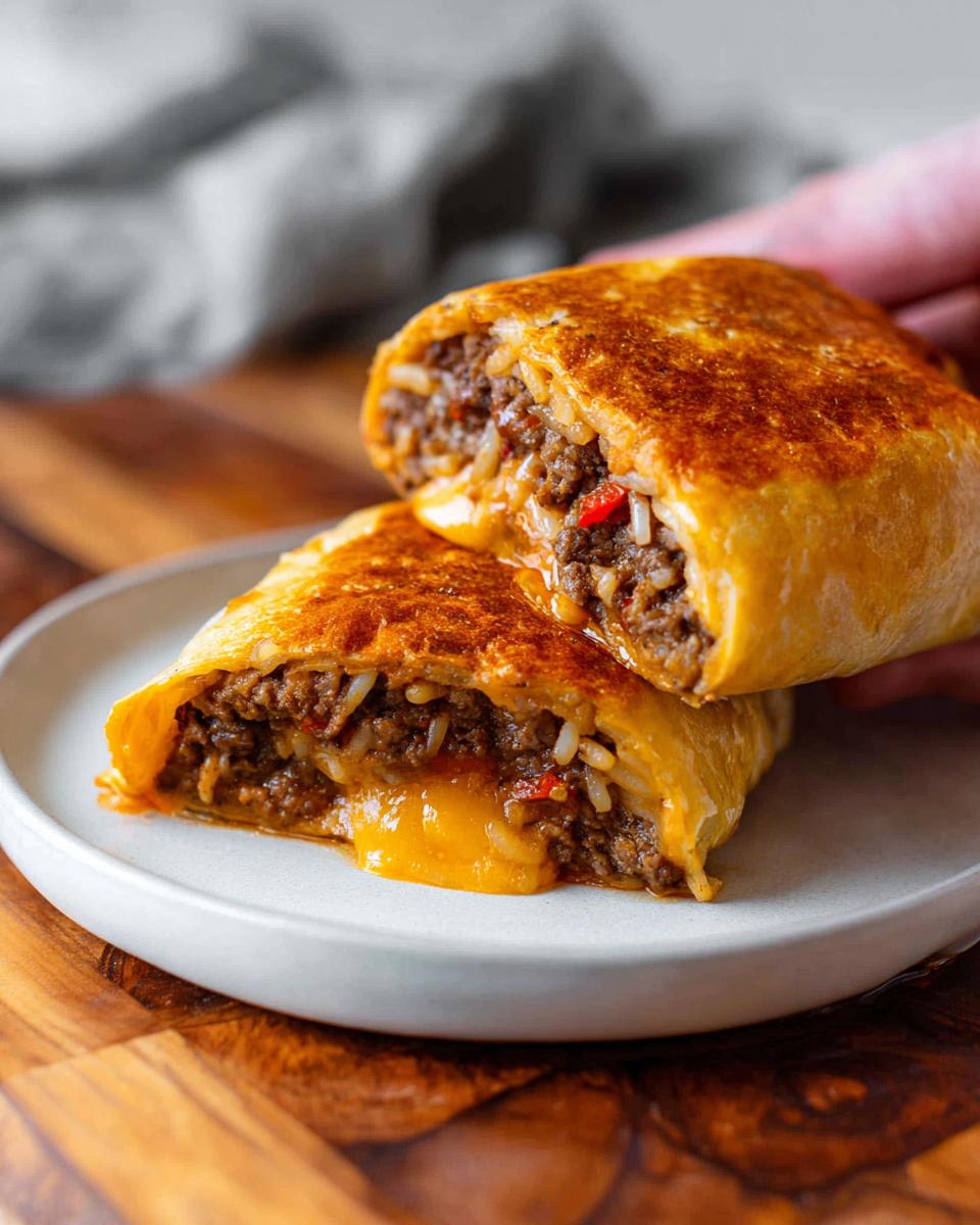 A close-up of a Grilled Cheese Burrito Made Easy, cut in half to reveal a cheesy, meaty, and rice filling.