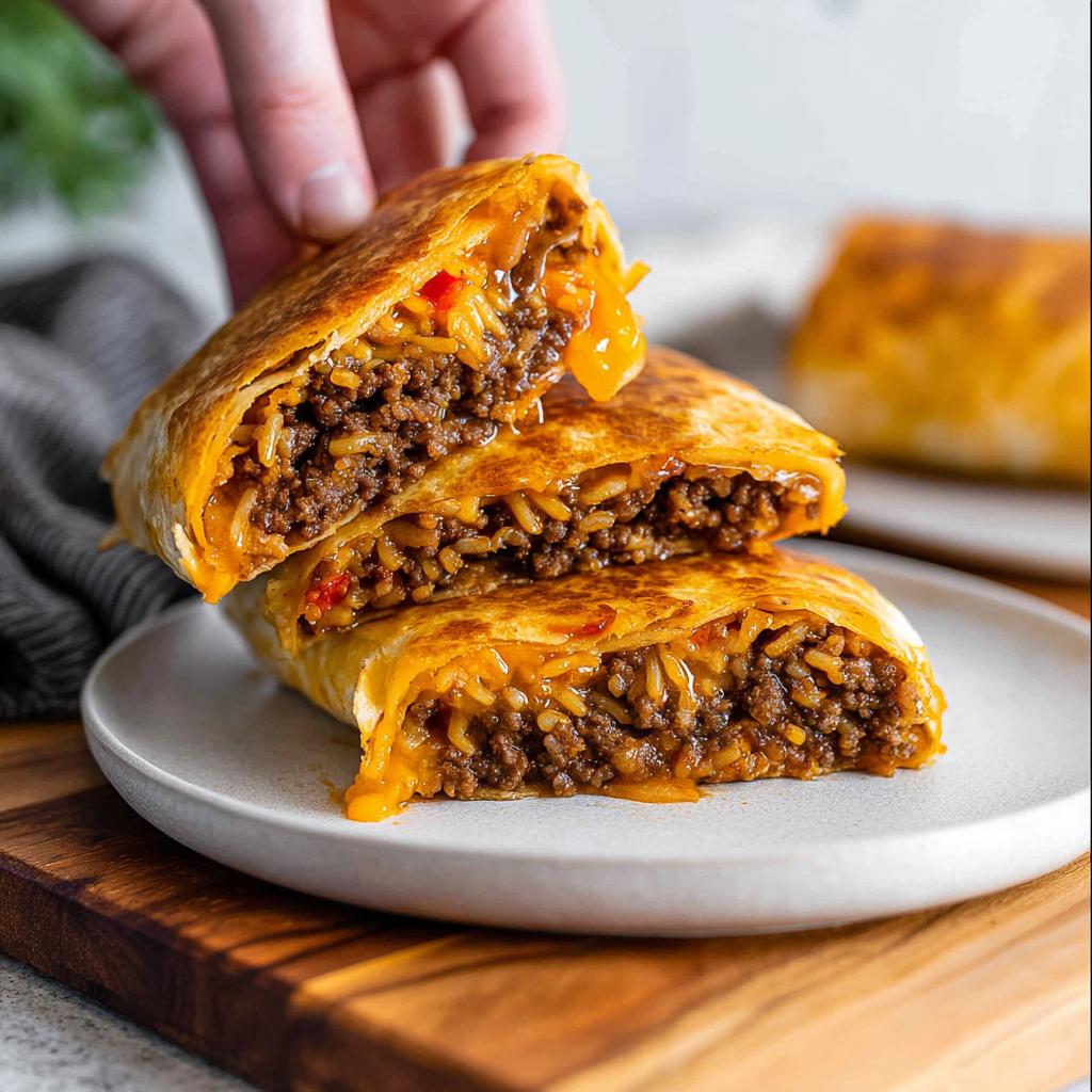 A close-up of a Grilled Cheese Burrito Made Easy, cut in half, revealing a cheesy beef and rice filling.