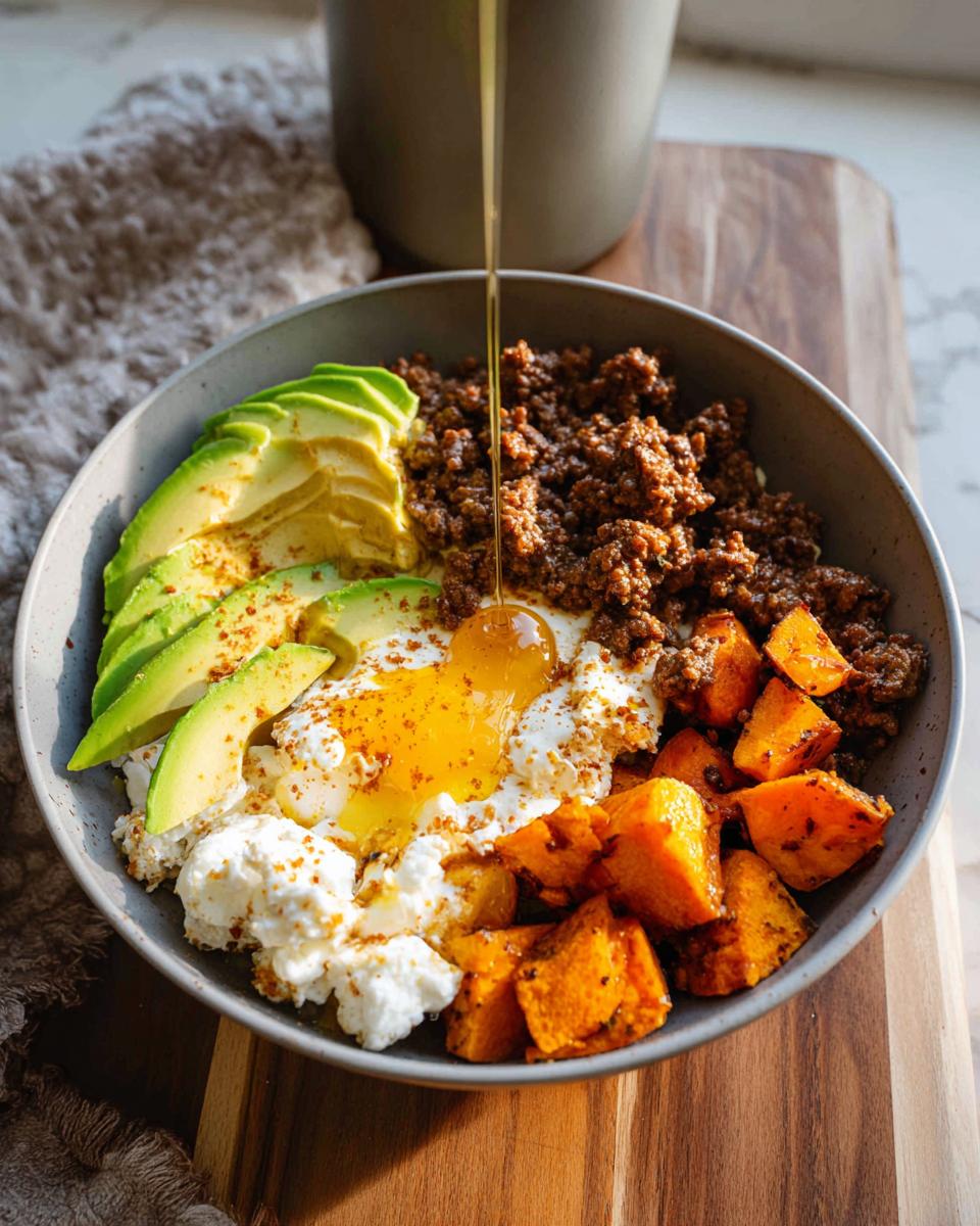 A delicious Ground Beef Hot Honey Bowl featuring seasoned ground beef, creamy cottage cheese, sliced avocado, roasted sweet potatoes, and a runny egg with honey drizzled on top.