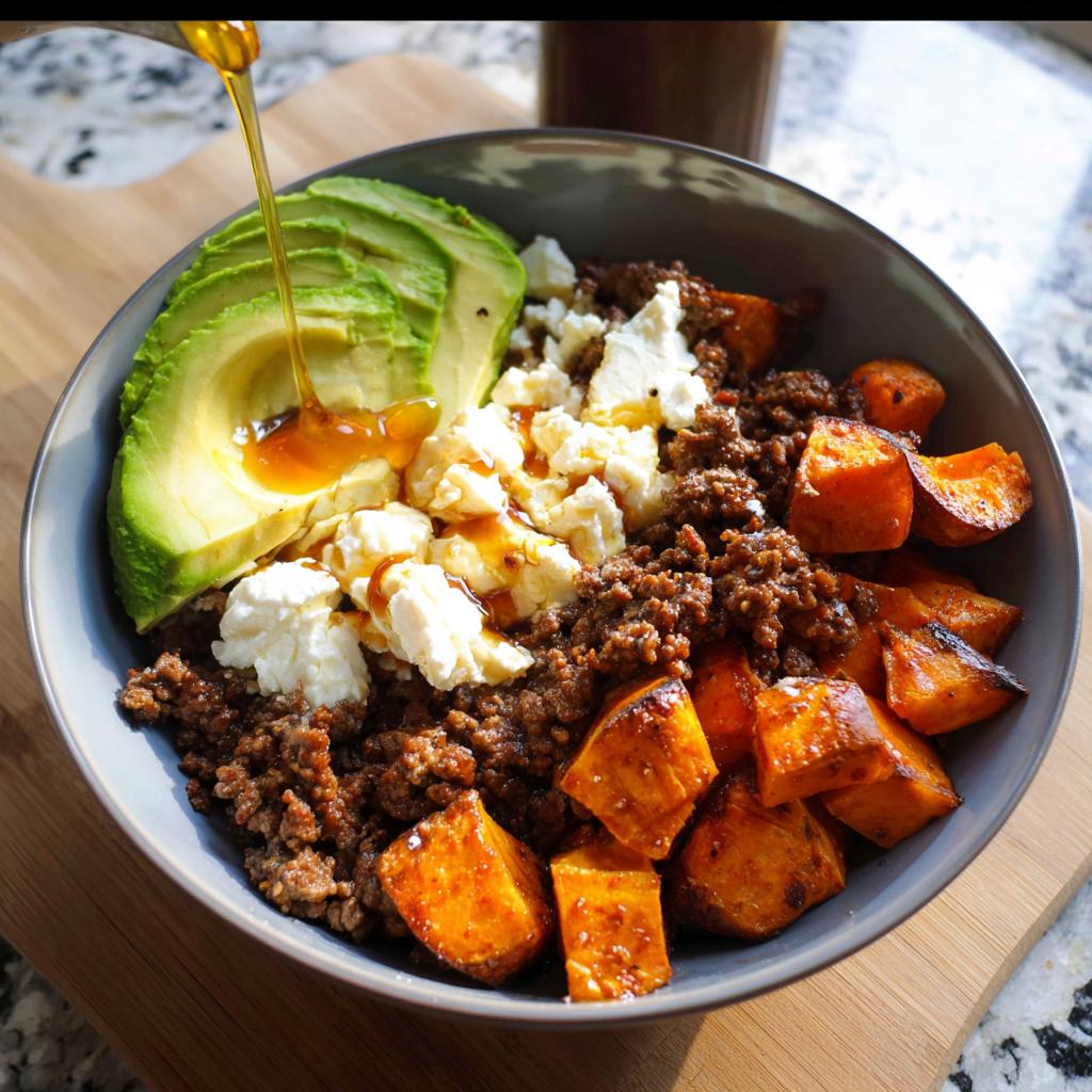 A delicious Ground Beef Hot Honey Bowl featuring seasoned ground beef, roasted sweet potato cubes, sliced avocado, and crumbled feta cheese, with honey drizzled over the top.