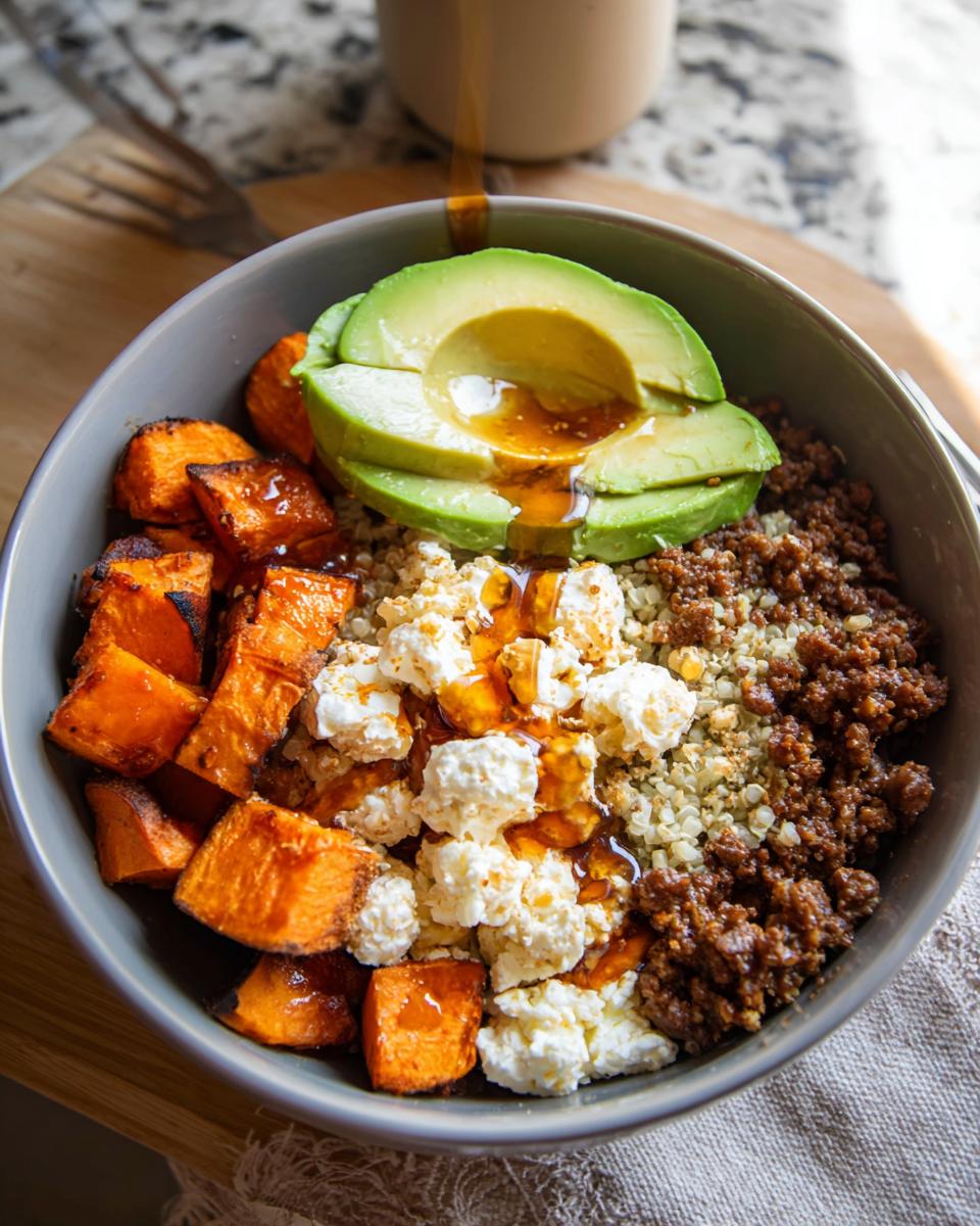 A delicious Ground Beef Hot Honey Bowl filled with seasoned ground beef, quinoa, roasted sweet potato cubes, crumbled cheese, and sliced avocado, drizzled with hot honey.