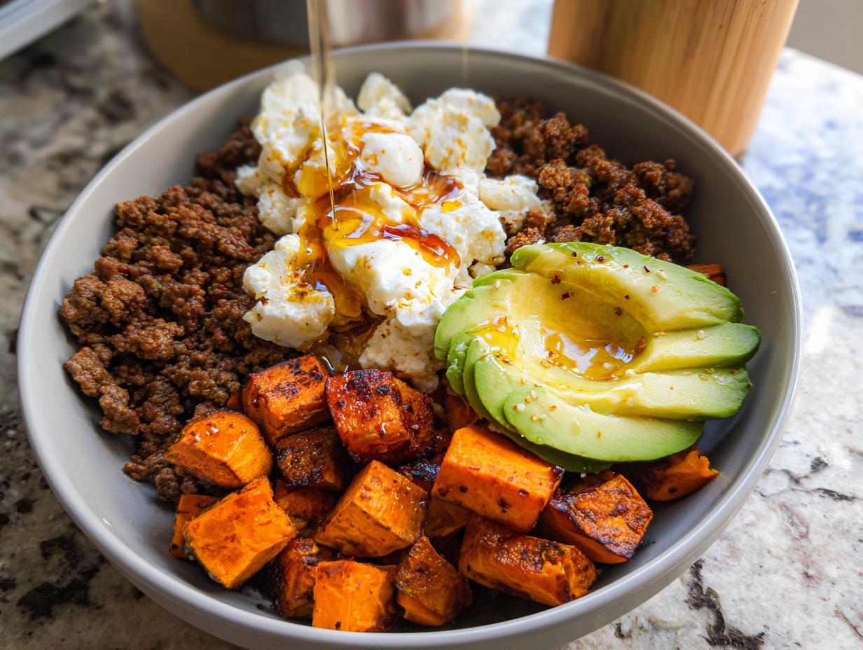 A close-up of a Ground Beef Hot Honey Bowl featuring seasoned ground beef, scrambled eggs, roasted sweet potatoes, and sliced avocado, drizzled with honey.