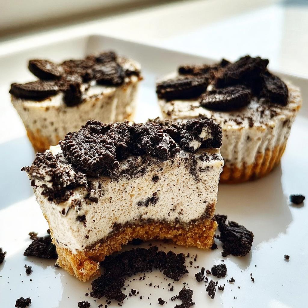 Close-up of a Healthy No-Bake Oreo Cheesecake Bite, showing the creamy filling and crushed Oreo topping.