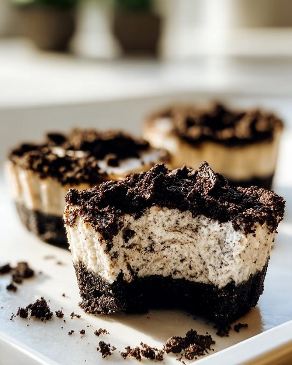 Close-up of a Healthy No-Bake Oreo Cheesecake Bite, showing the creamy filling and chocolate cookie crust.