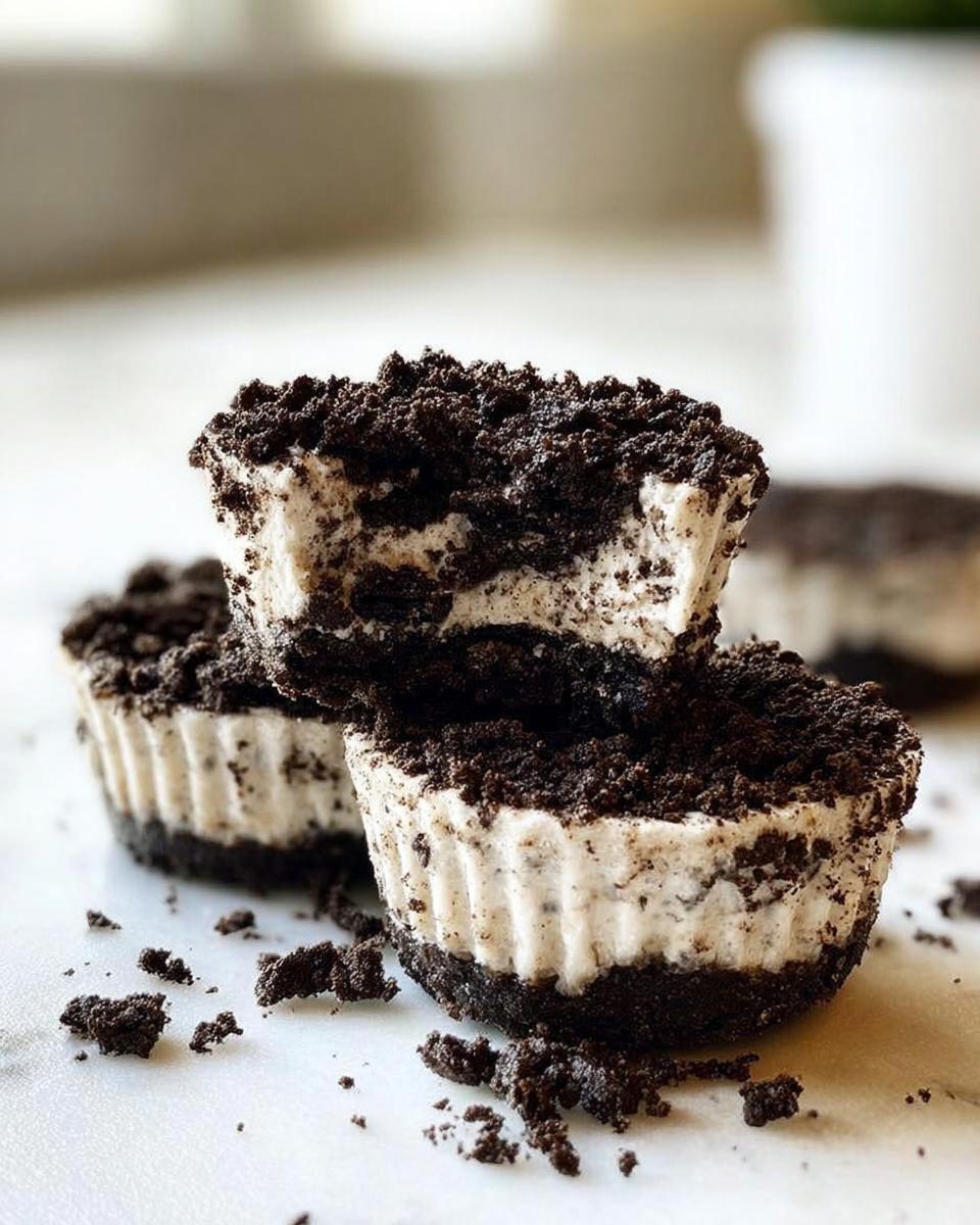 A stack of three Healthy No-Bake Oreo Cheesecake Bites, with a bite taken out of the top one.