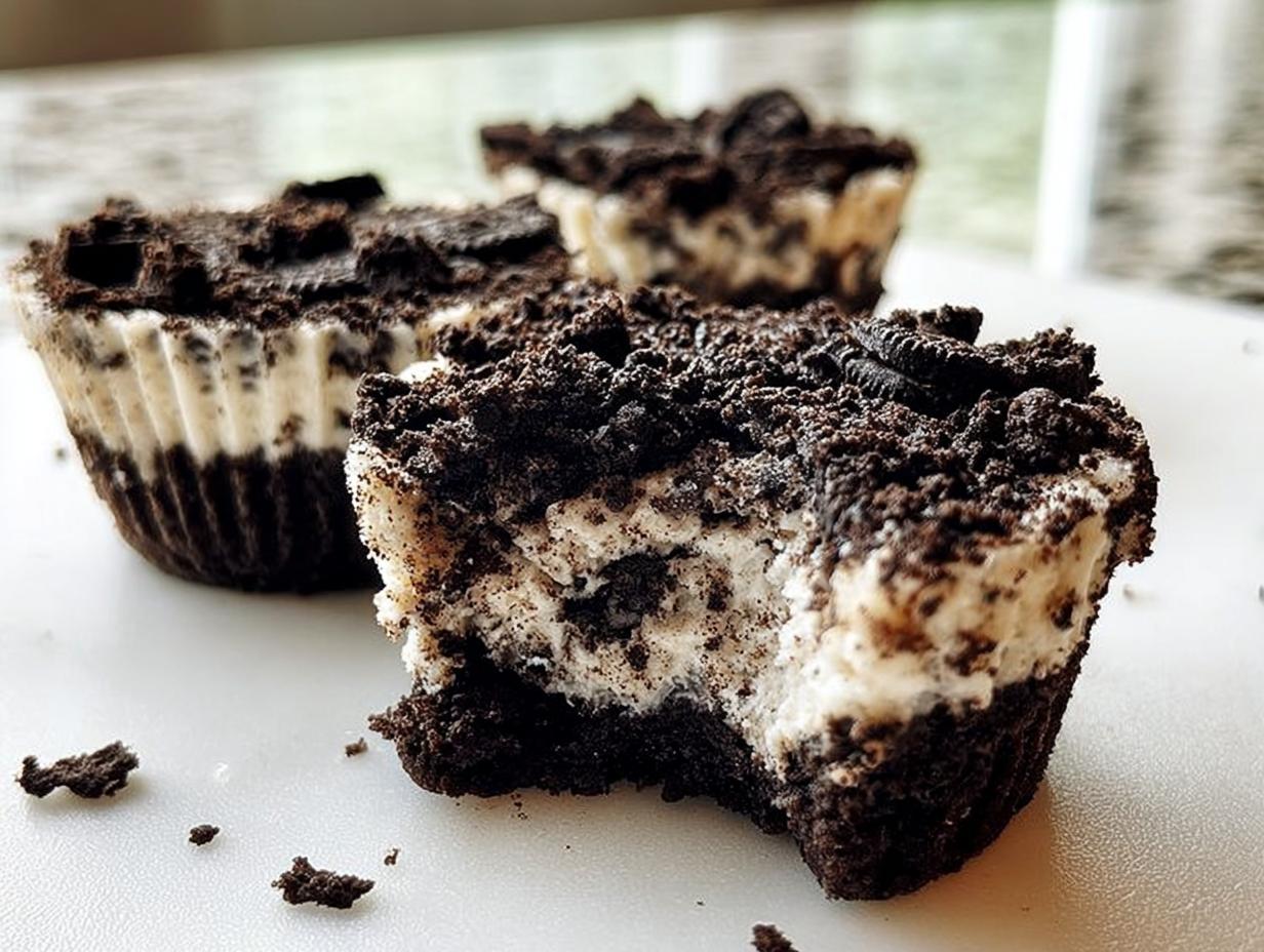 A close-up of a healthy no-bake Oreo cheesecake bite with a bite taken out, showing the creamy filling and chocolate crust.
