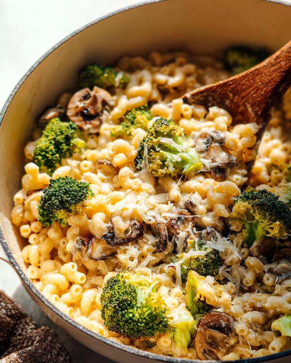 Close-up of Healthy One Pot Broccoli Mac & Cheese with mushrooms and grated cheese in a pot, being stirred with a wooden spoon.