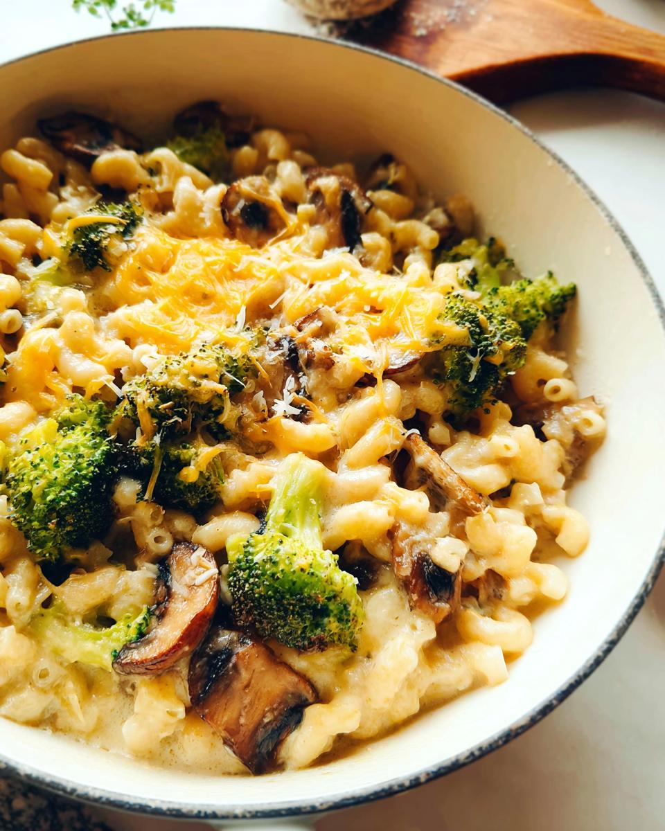 A bowl of Healthy One Pot Broccoli Mac & Cheese with melted cheddar cheese, broccoli florets, and mushrooms.