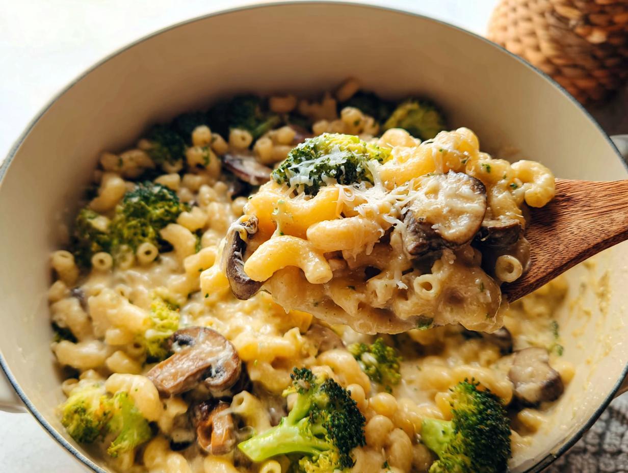 A spoonful of Healthy One Pot Broccoli Mac & Cheese with broccoli florets and mushrooms.