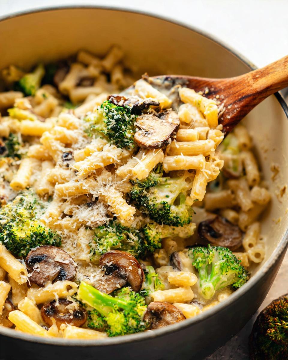 A spoonful of Healthy One Pot Broccoli Mac & Cheese with pasta, broccoli florets, and mushrooms.