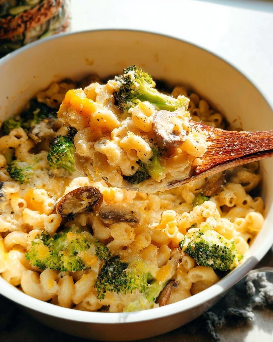 A spoonful of Healthy One Pot Broccoli Mac & Cheese with pasta, broccoli florets, and mushrooms.
