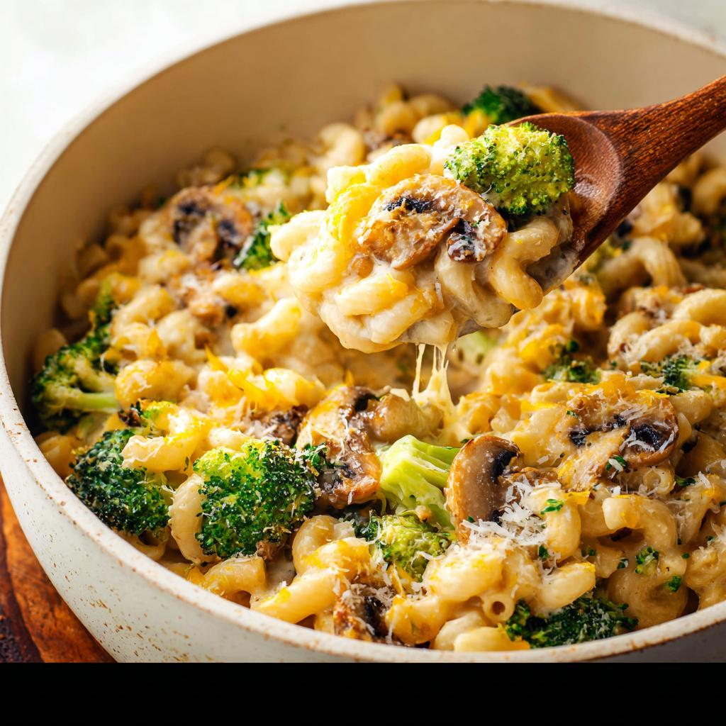A spoonful of Healthy One Pot Broccoli Mac & Cheese with broccoli florets and mushrooms.