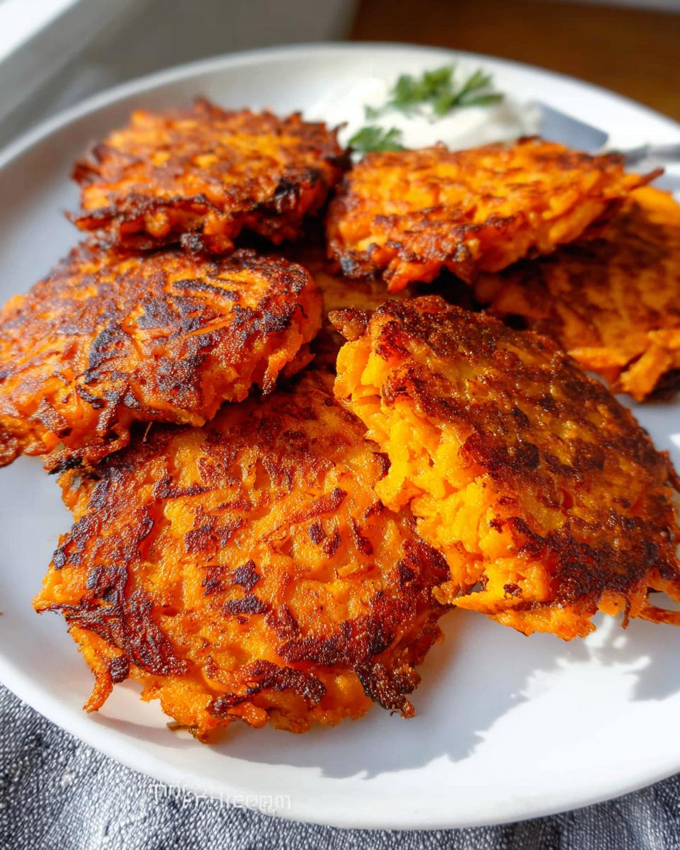 A plate of golden-brown, crispy Healthy Sweet Potato Hash Browns, served with a dollop of sour cream and parsley.