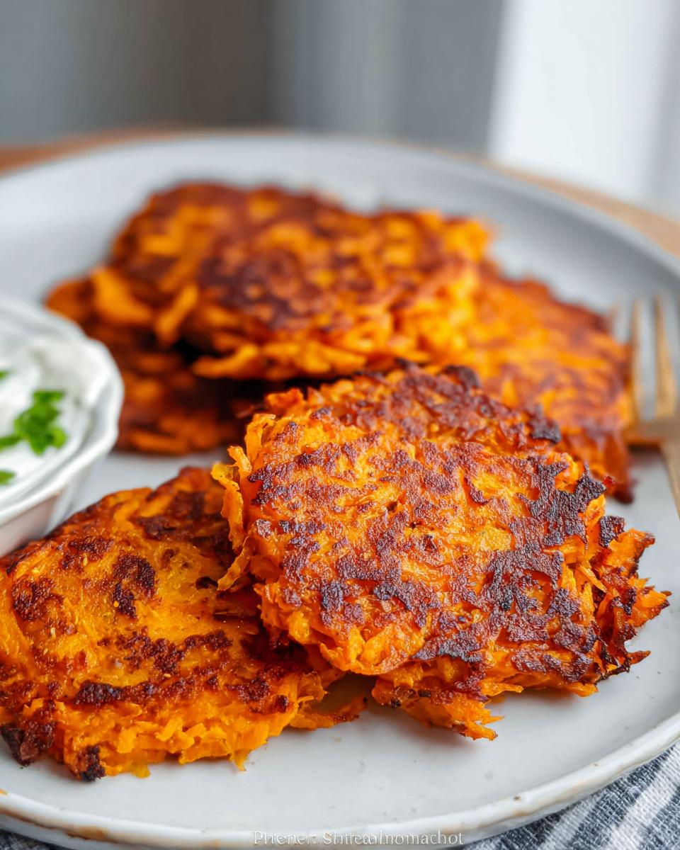 Close-up of golden-brown, crispy Healthy Sweet Potato Hash Browns piled on a plate with a side of dipping sauce.