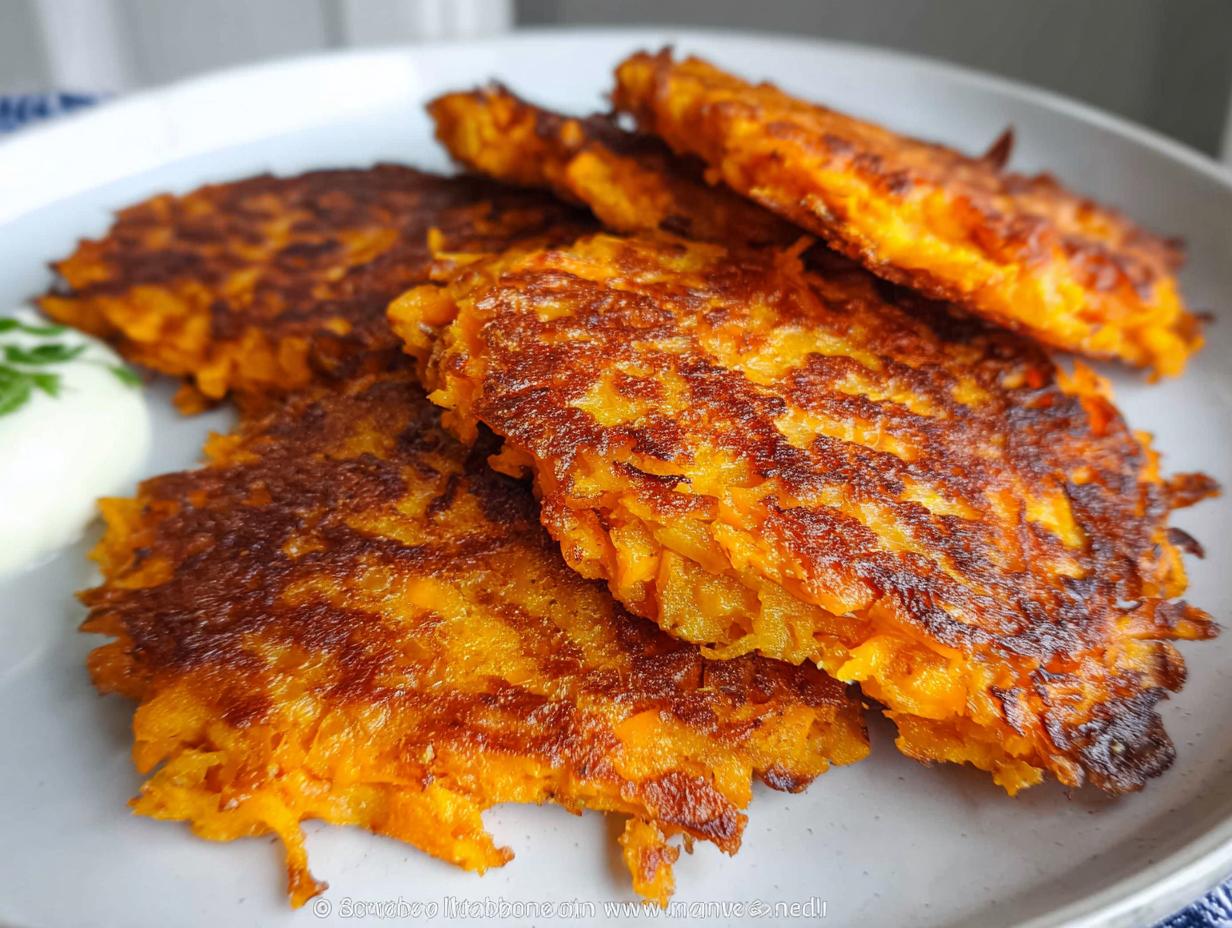 A close-up of golden brown, crispy Healthy Sweet Potato Hash Browns on a plate, with a dollop of sour cream and parsley.