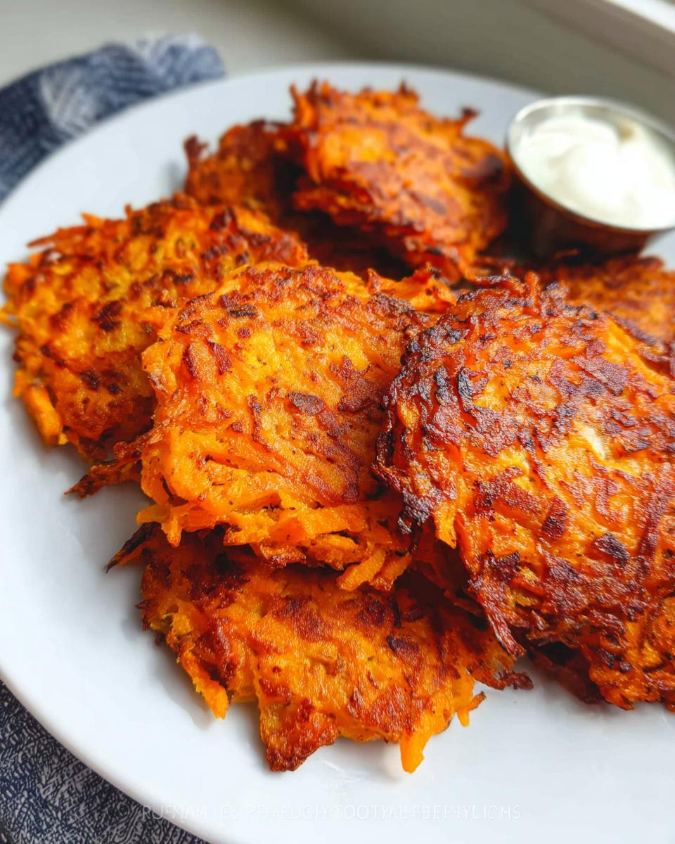 A plate of crispy, golden Healthy Sweet Potato Hash Browns served with a small dish of sour cream.