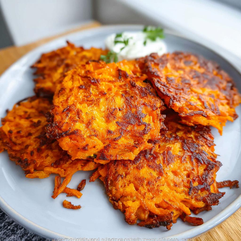 A close-up of golden-brown, crispy Healthy Sweet Potato Hash Browns served on a light blue plate with a dollop of sour cream and parsley.