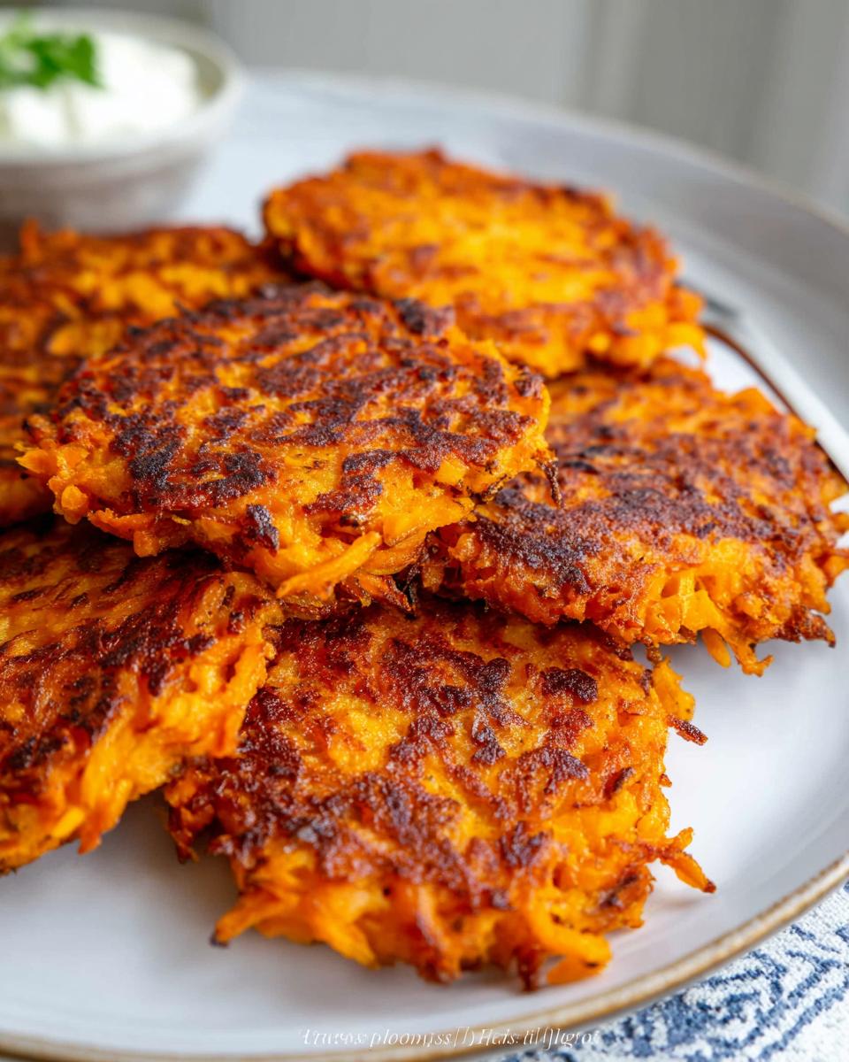 A close-up shot of a stack of golden-brown, crispy Healthy Sweet Potato Hash Browns on a white plate.