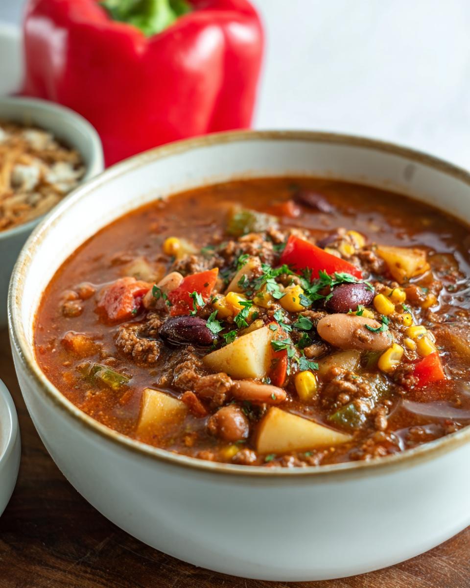 A close-up of a bowl of hearty Cowboy Soup, filled with ground beef, potatoes, beans, corn, and red bell peppers, garnished with parsley.