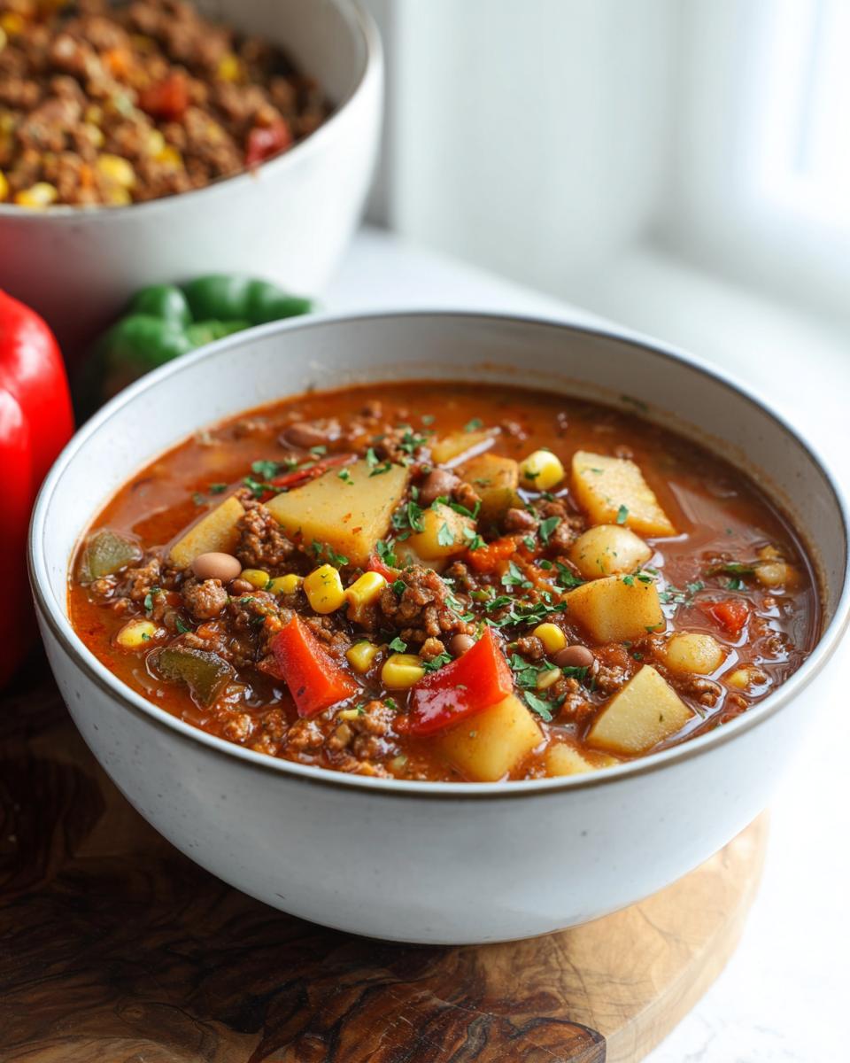 A close-up of a bowl of hearty Cowboy Soup filled with ground beef, potatoes, corn, beans, and red peppers, garnished with parsley.