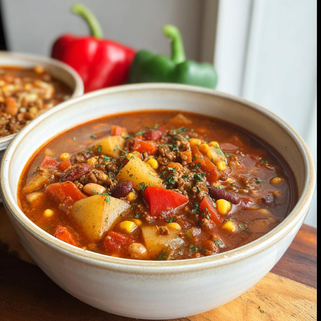 A close-up of a bowl of hearty Cowboy Soup, filled with ground beef, potatoes, corn, beans, and red bell peppers, garnished with parsley.