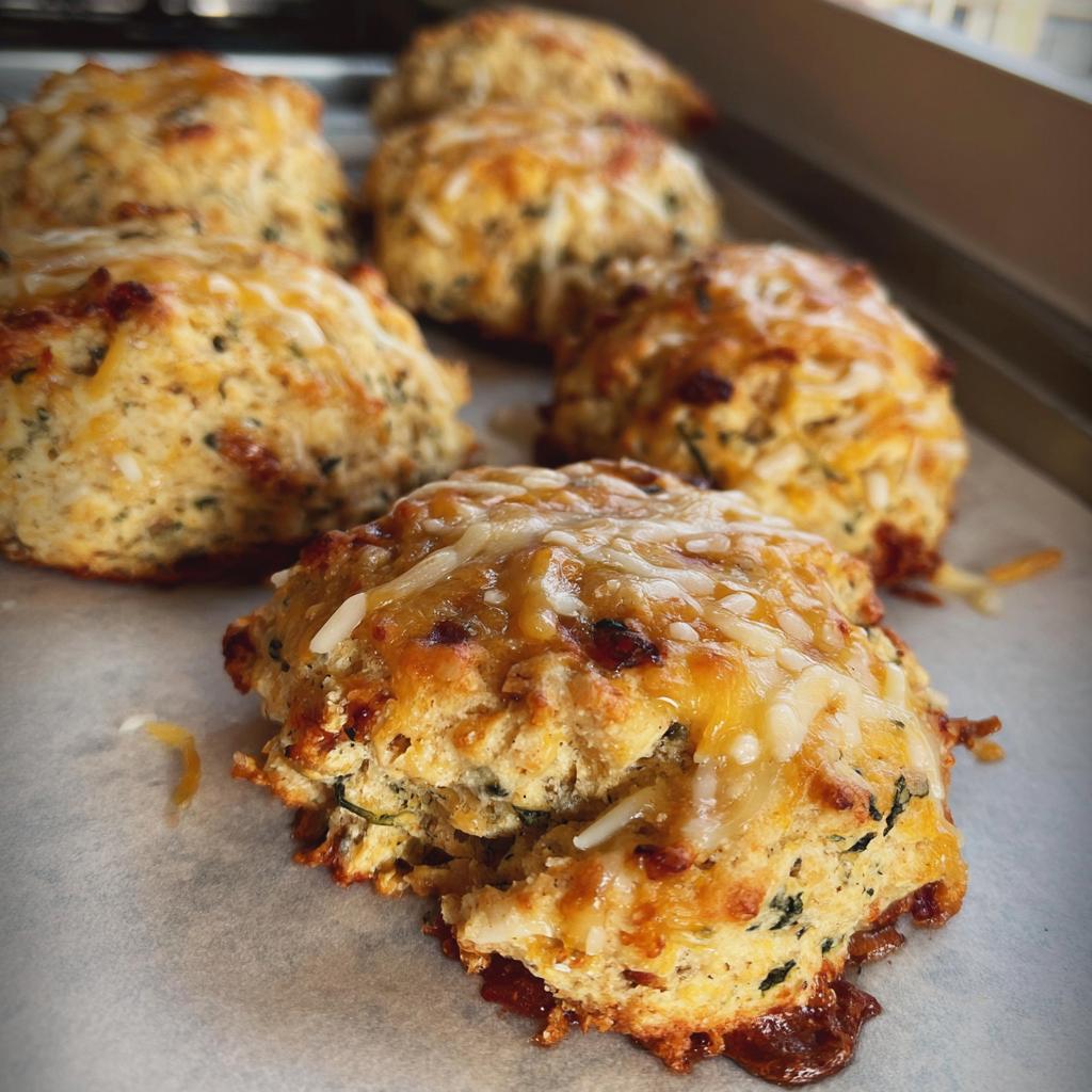 Close-up of golden-brown High Protein Breakfast Biscuits topped with melted cheese.