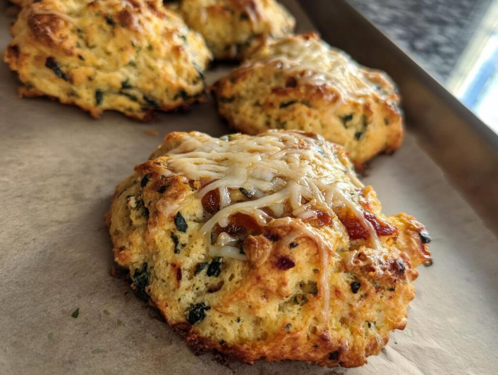 Close-up of golden-brown High Protein Breakfast Biscuits topped with melted cheese and visible herbs.