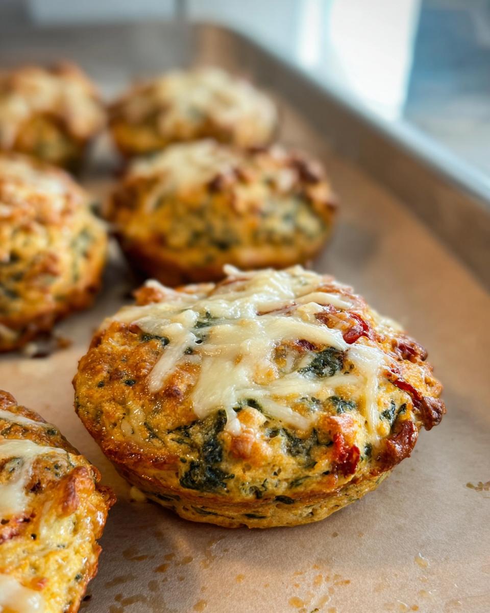 Close-up of freshly baked High Protein Breakfast Biscuits topped with melted cheese.