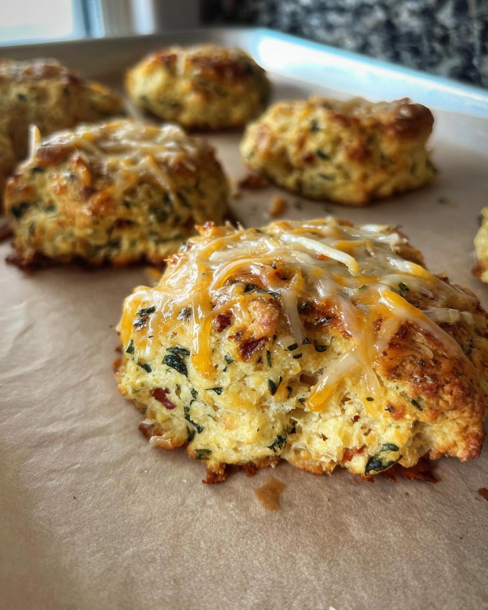 Close-up of golden-brown High Protein Breakfast Biscuits topped with melted cheese and herbs.