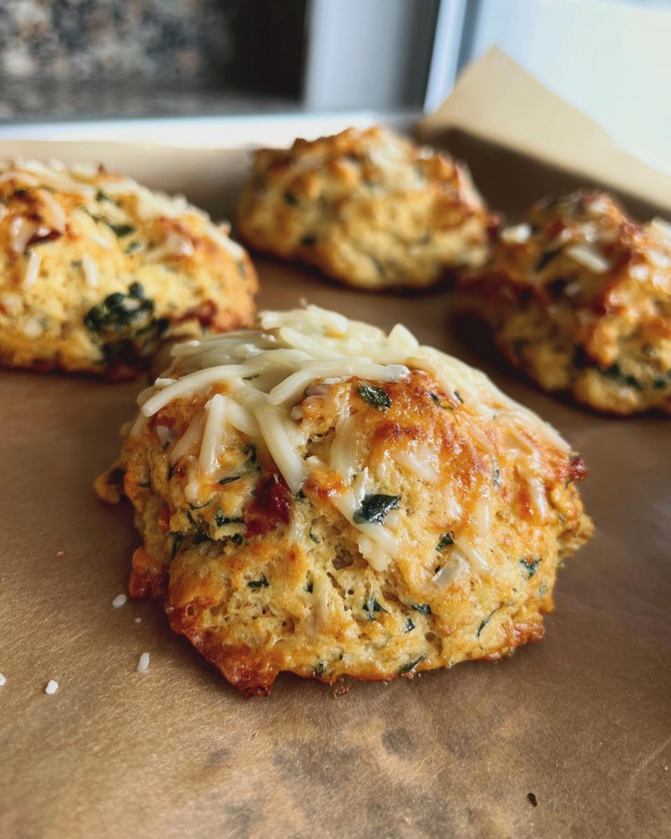 Close-up of golden-brown High Protein Breakfast Biscuits topped with melted cheese and herbs.