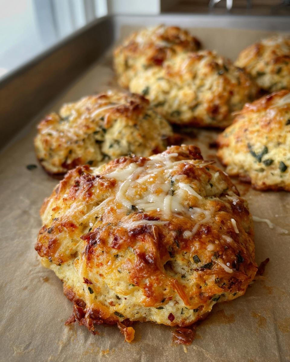 Close-up of golden-brown High Protein Breakfast Biscuits topped with melted cheese and herbs on a baking sheet.