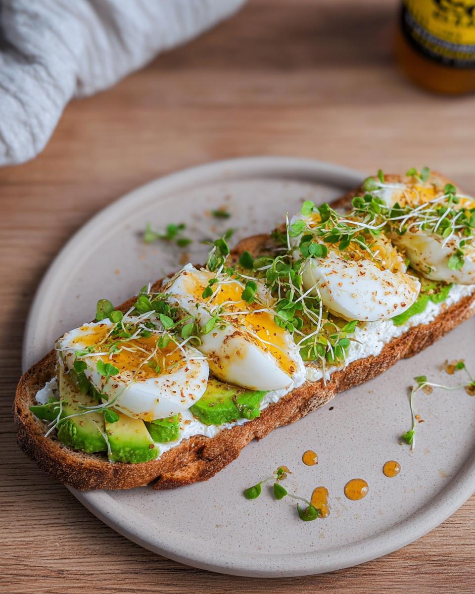 A slice of toast topped with cottage cheese, avocado, hard-boiled eggs, and sprouts, a perfect high-protein breakfast.