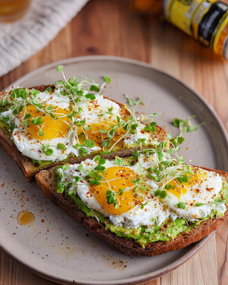 Two slices of toast topped with mashed avocado, cottage cheese, fried eggs, and sprouts. High-Protein Breakfast Toast.
