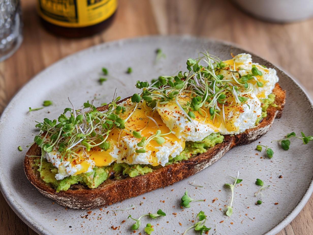 A slice of toast topped with mashed avocado, cottage cheese, poached eggs, and sprouts, a delicious high-protein breakfast.
