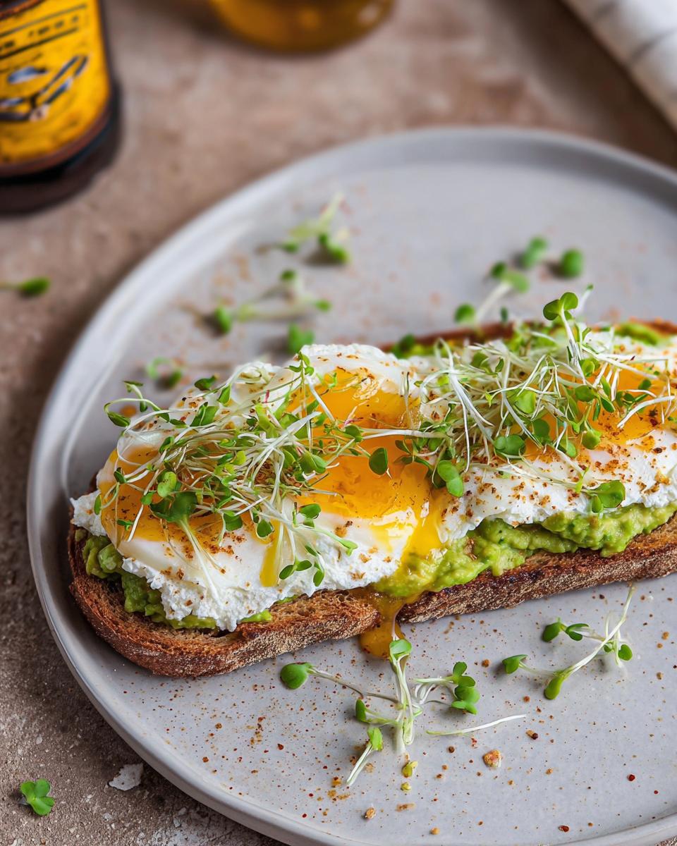 A high-protein breakfast wrap featuring cottage cheese, avocado, and a runny egg on toast, garnished with sprouts.