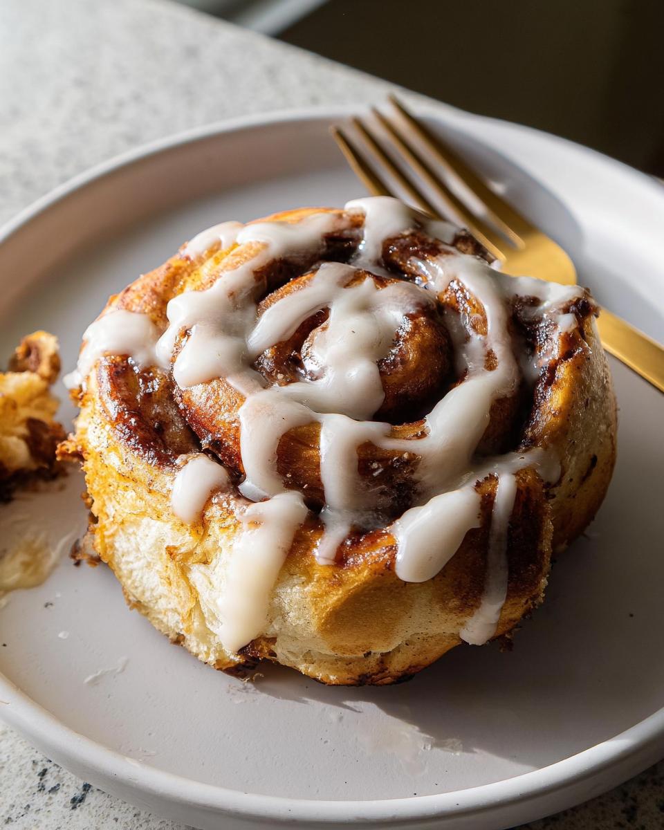 A close-up of a fluffy high-protein cinnamon roll bread swirl, drizzled with white icing, on a plate with a fork.